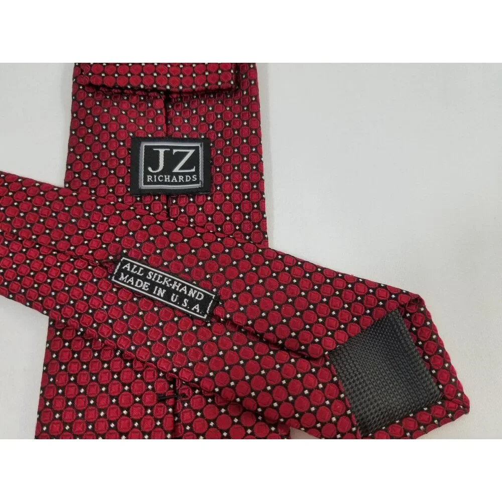 JZ Richards Mens Red Silk Tie Made In USA Geometric Circles in Squares